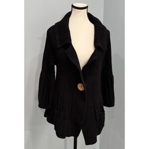 VTG Tribal Womens Black Ribbed Knit Cardigan Bell Sleeve Sweater Size Large Y2K